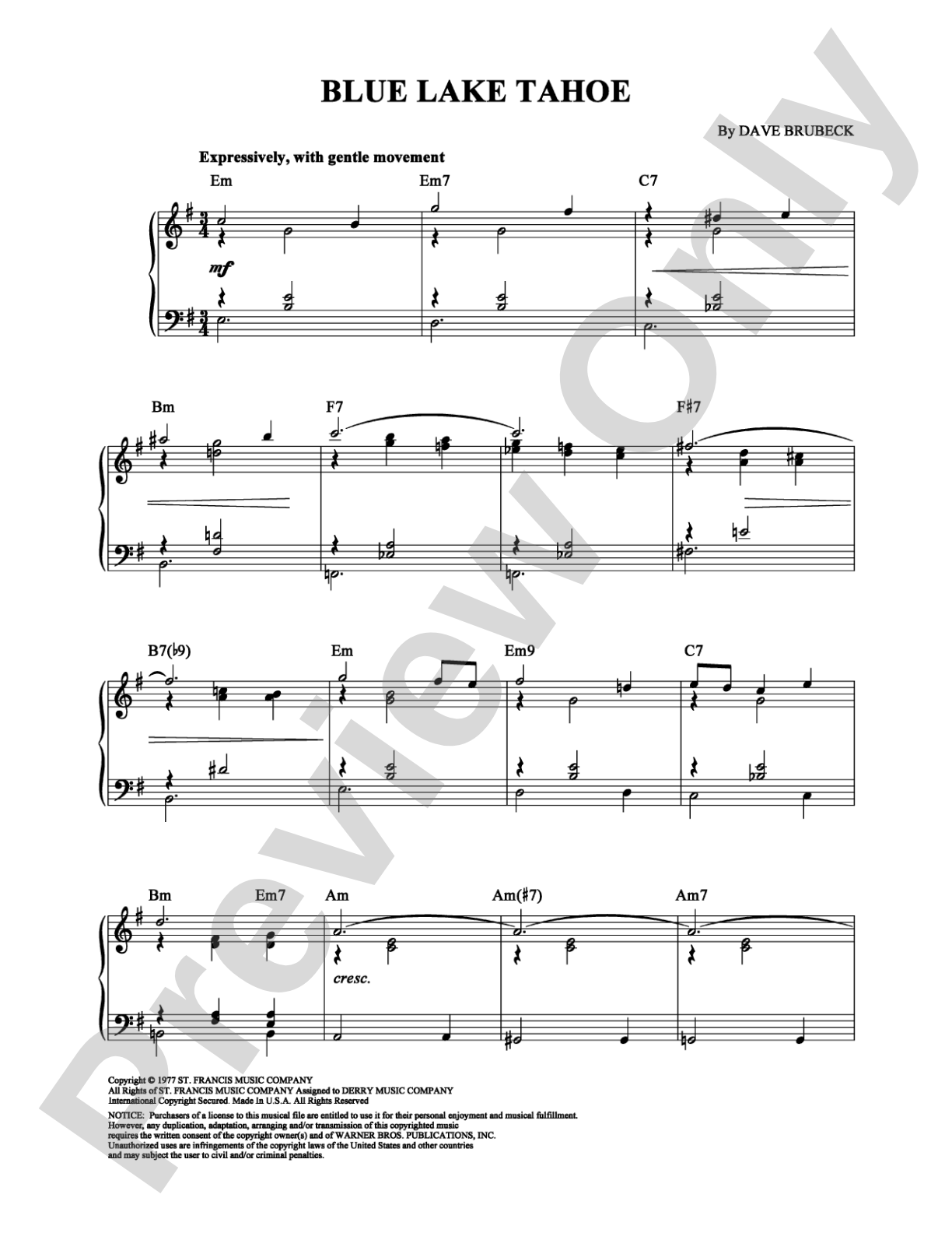 Blue Lake Tahoe: Piano Digital Sheet Music