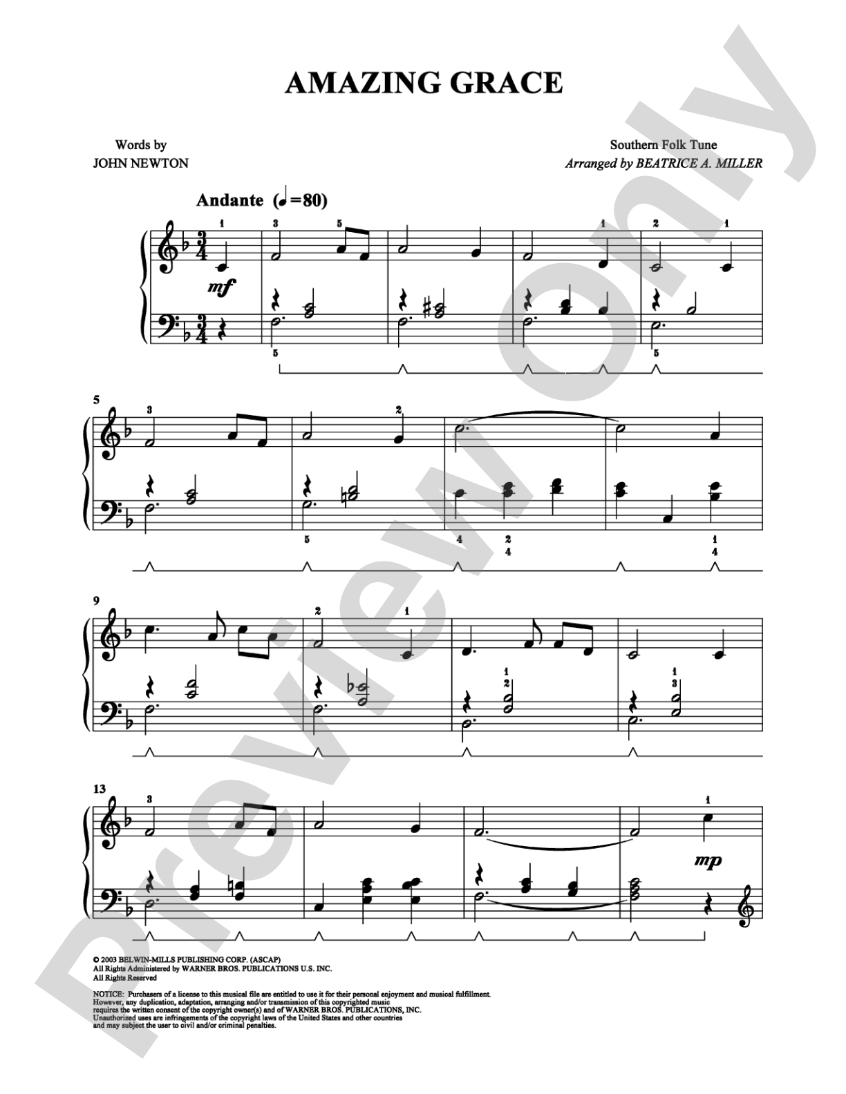 Amazing Grace: Easy Piano Digital Sheet Music