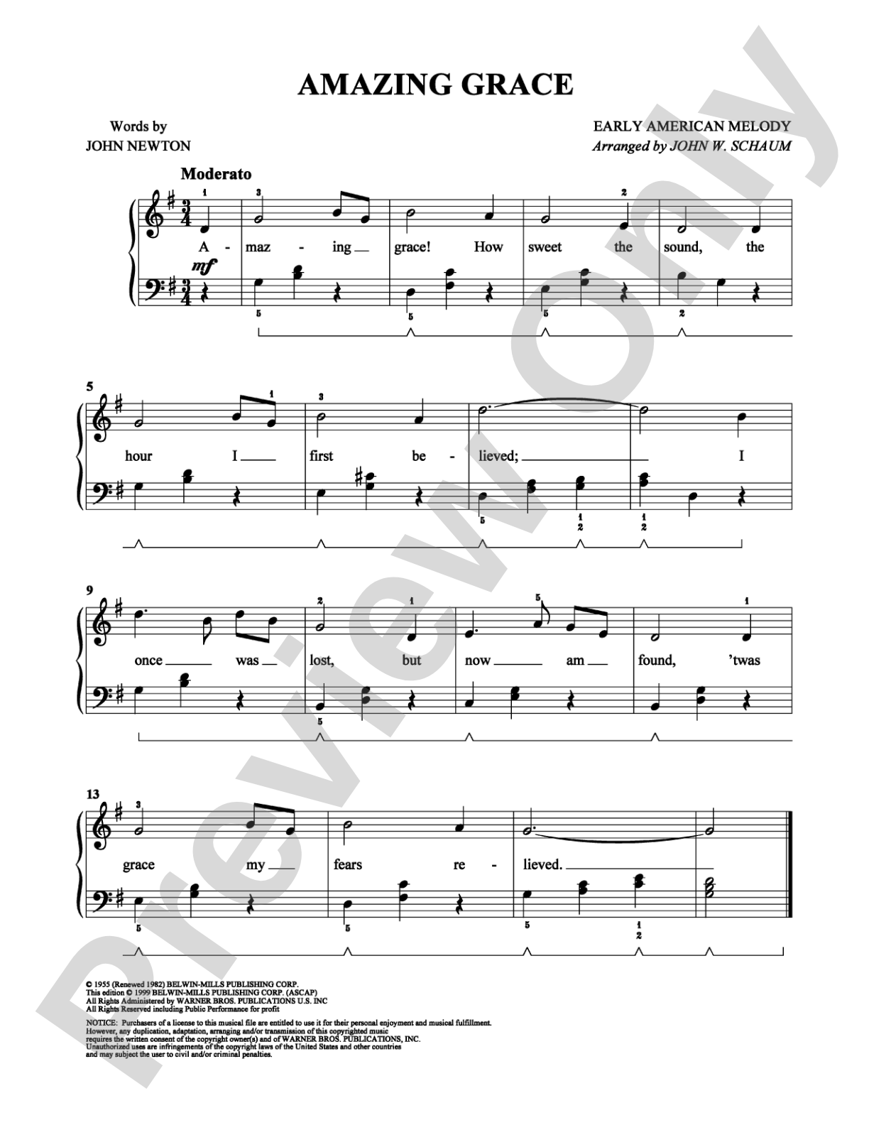 Amazing Grace: Easy Piano Digital Sheet Music
