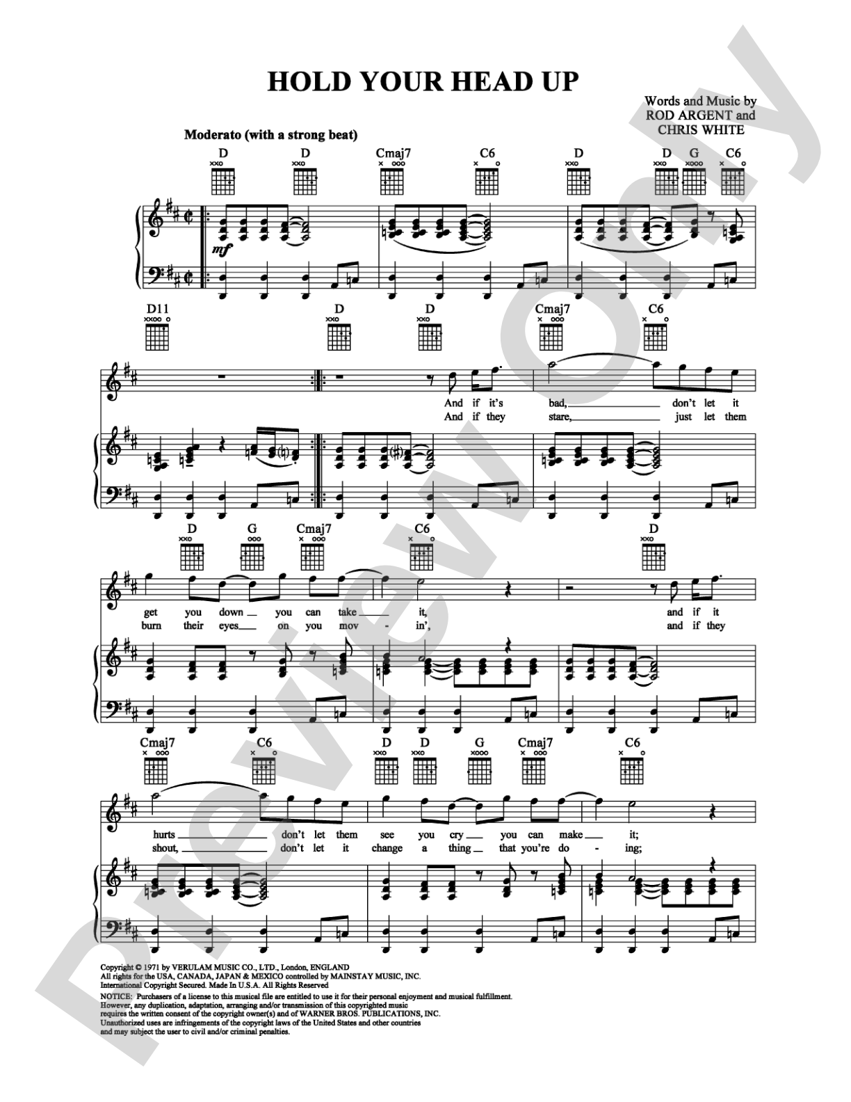 Hold Your Head Up: Piano/Vocal/Chords Digital Sheet Music