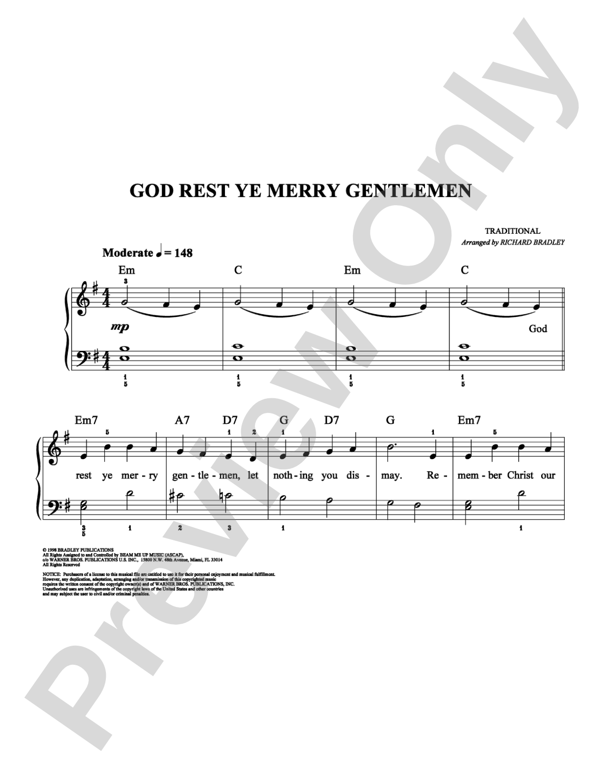 God Rest Ye Merry Gentlemen: Easy Piano Digital Sheet Music