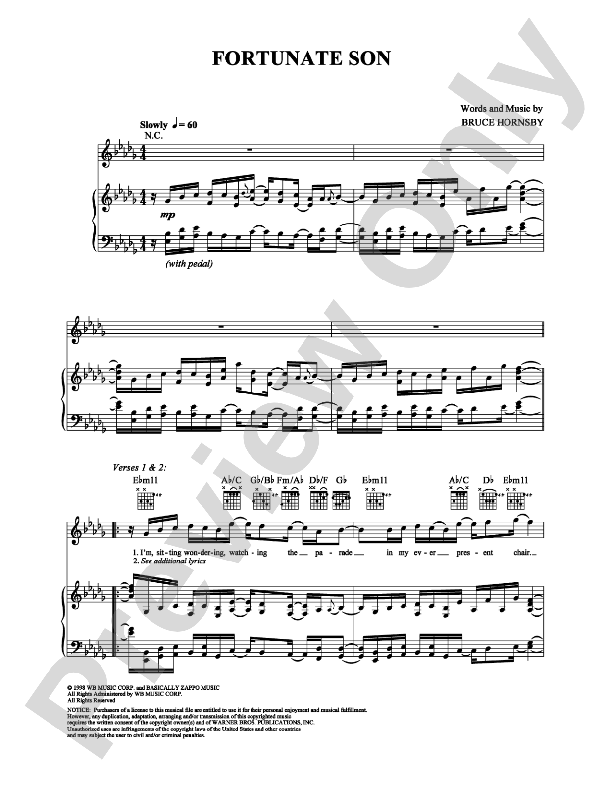 Fortunate Son: Piano/Vocal/Chords Digital Sheet Music