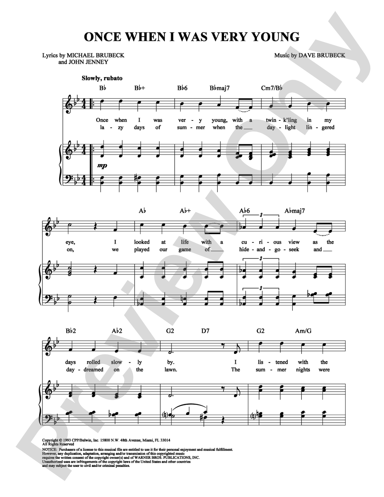 Once When I Was Very Young: Piano/Vocal/Chords Digital Sheet Music