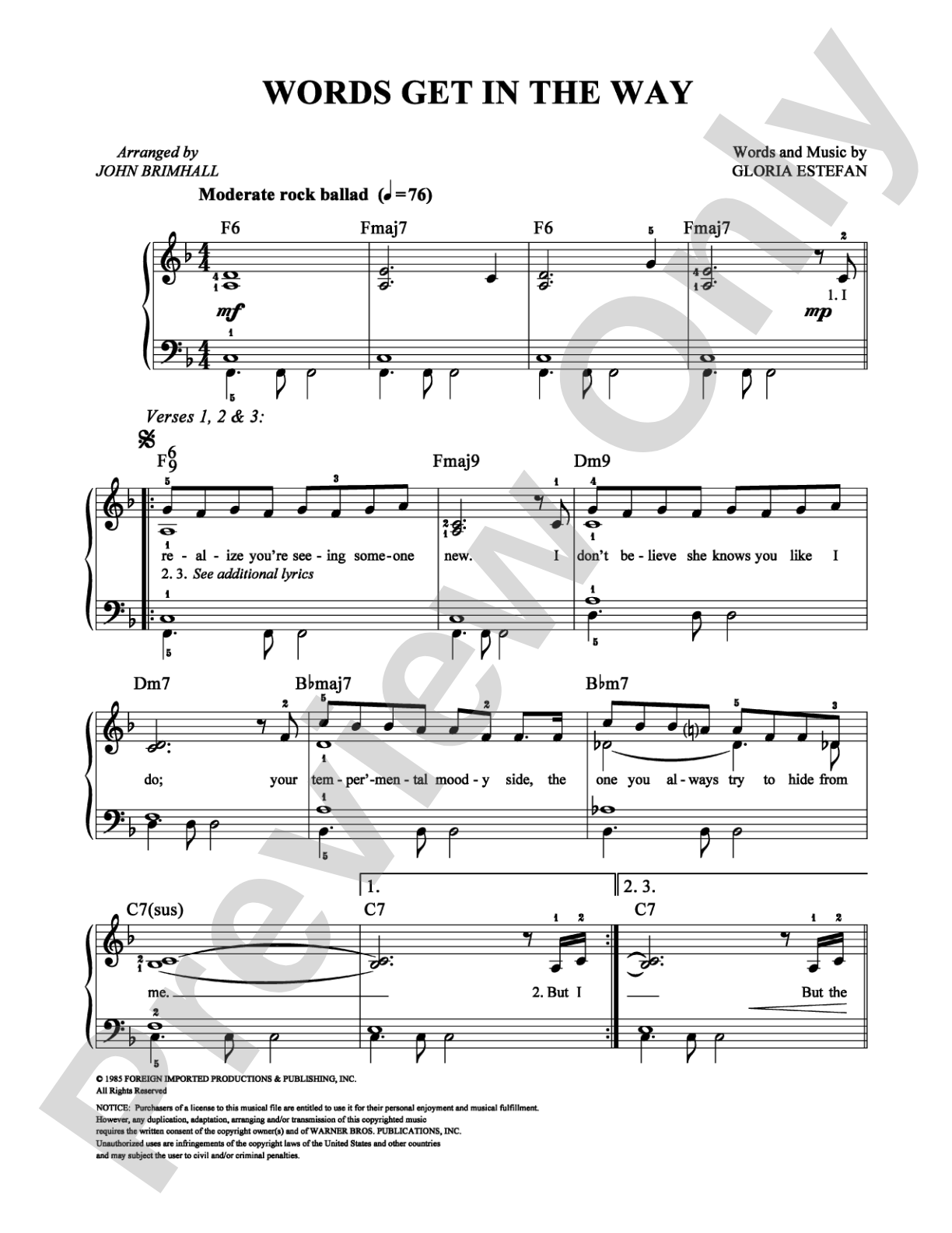 Words Get in the Way: Easy Piano Digital Sheet Music