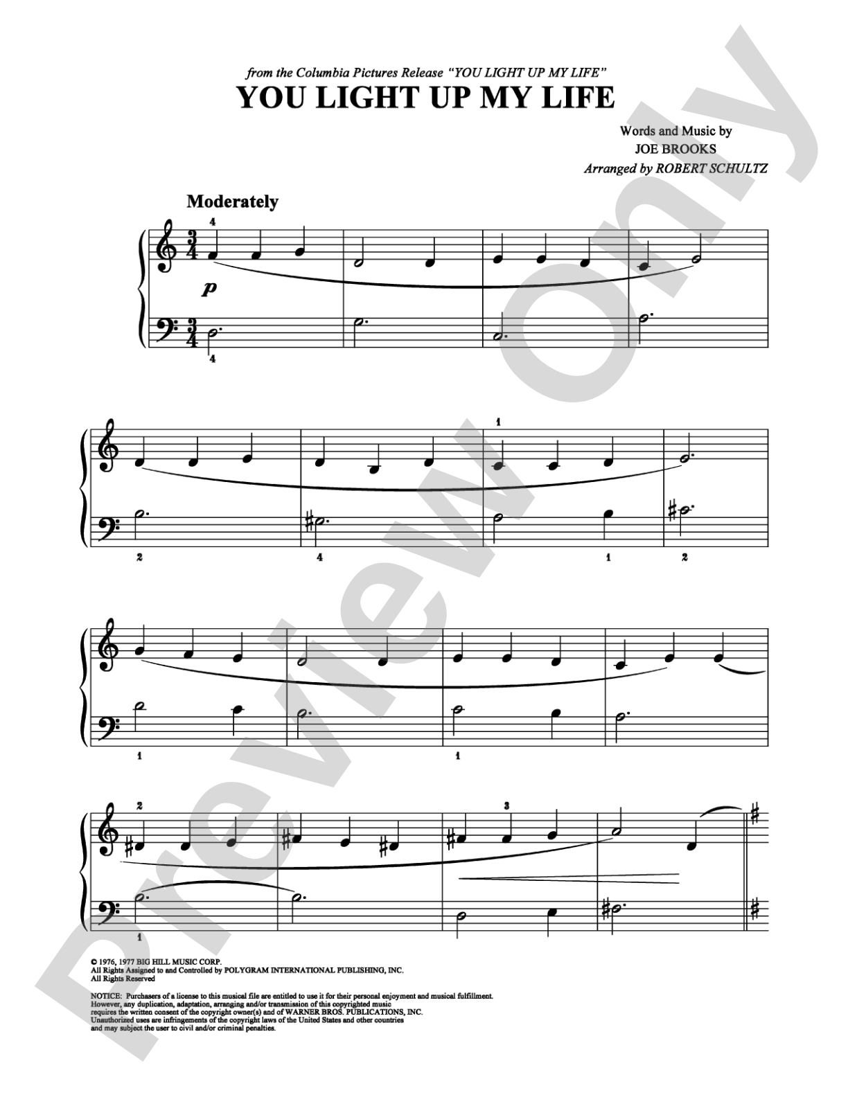 You Light Up My Life: Easy Piano Digital Sheet Music