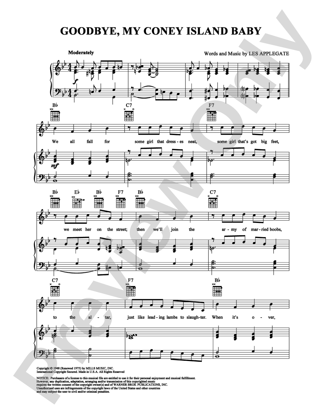 Goodbye, My Coney Island Baby: Piano/Vocal/Chords Digital Sheet Music