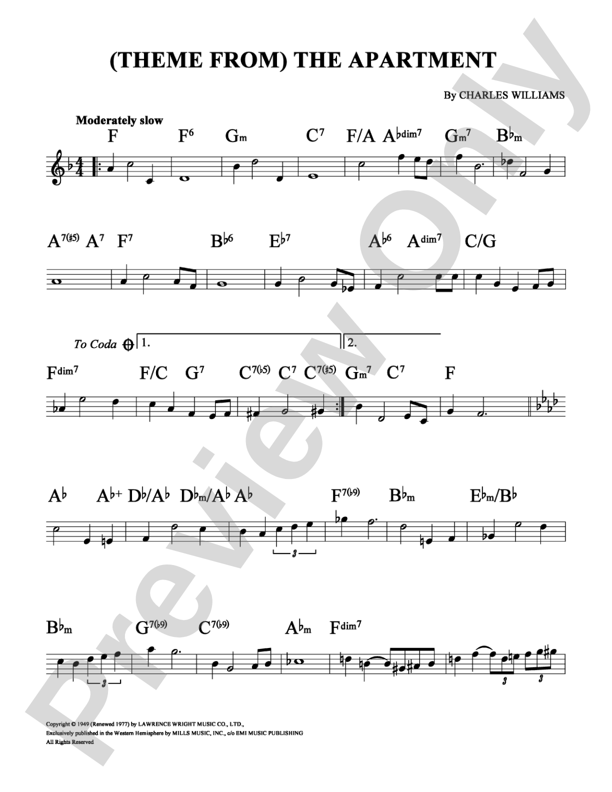 Theme From The Apartment: Lead Sheet Digital Sheet Music