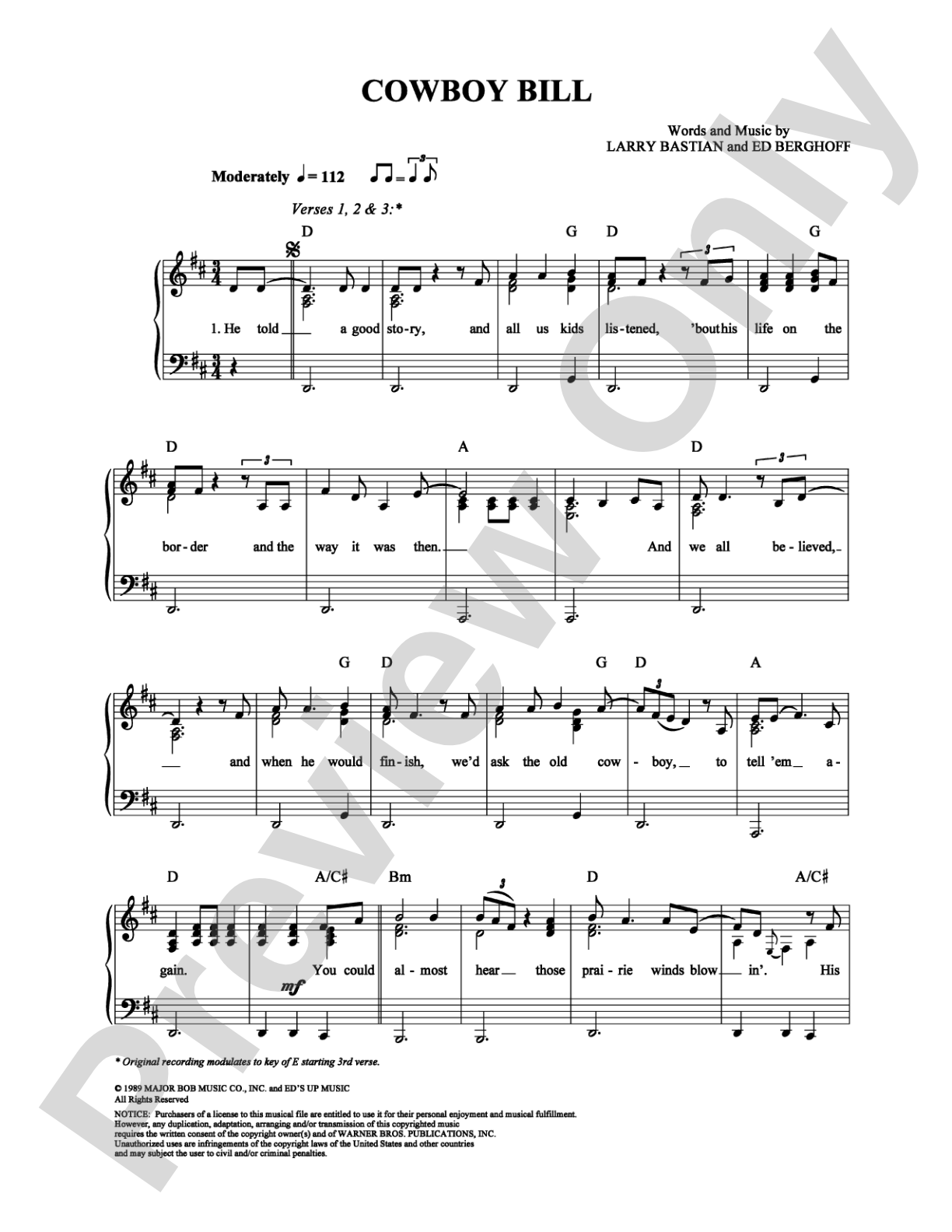 Cowboy Bill: Piano/Vocal/Chords Digital Sheet Music