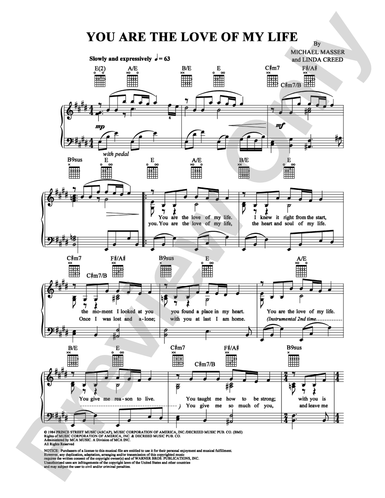 You Are the Love of My Life: Piano/Vocal/Chords Digital Sheet Music