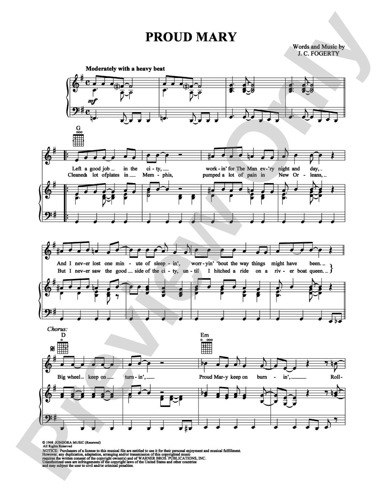 Proud Mary: Piano/Vocal/Chords Digital Sheet Music