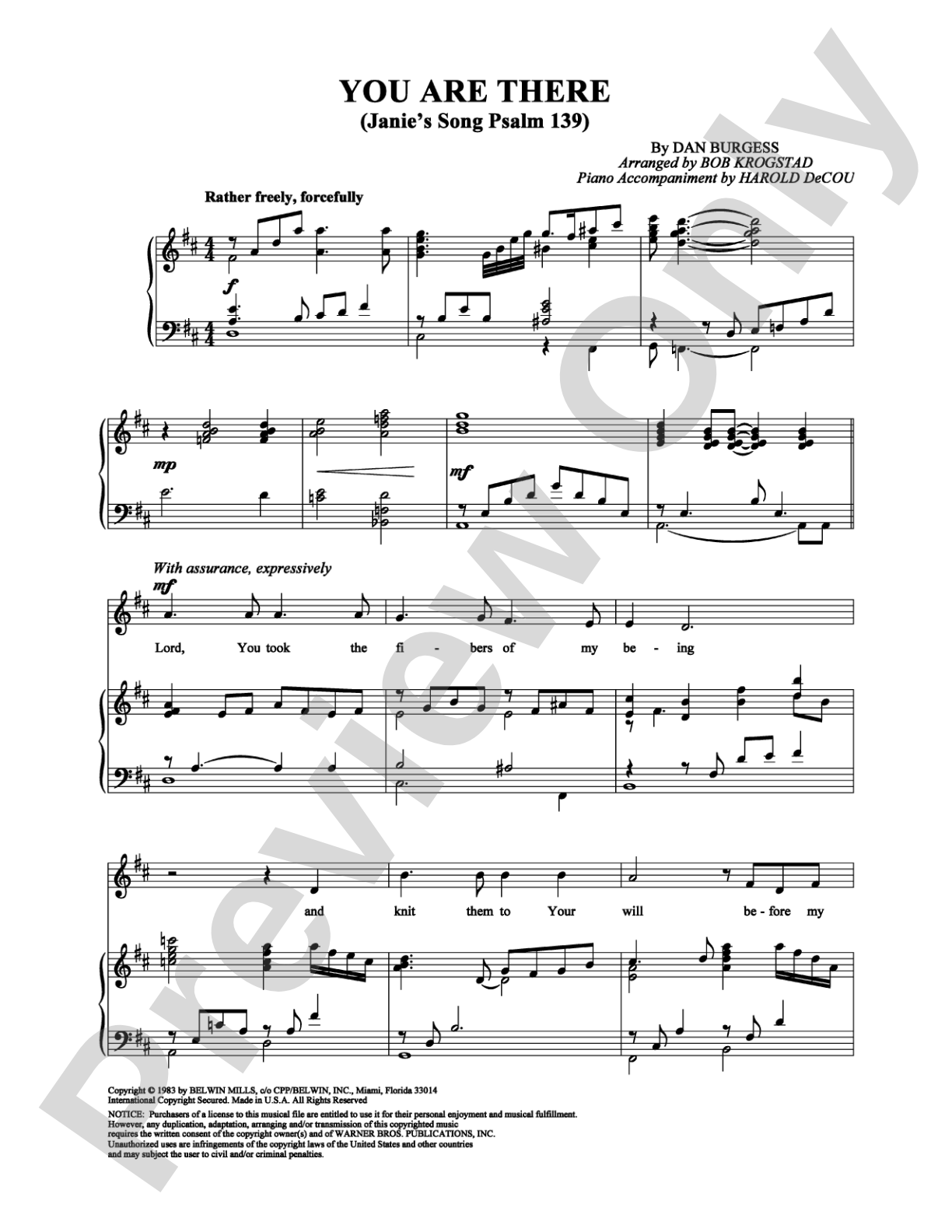 You Are There (Janie's Song Psalm 139): Piano/Vocal/Chords Digital Sheet Music