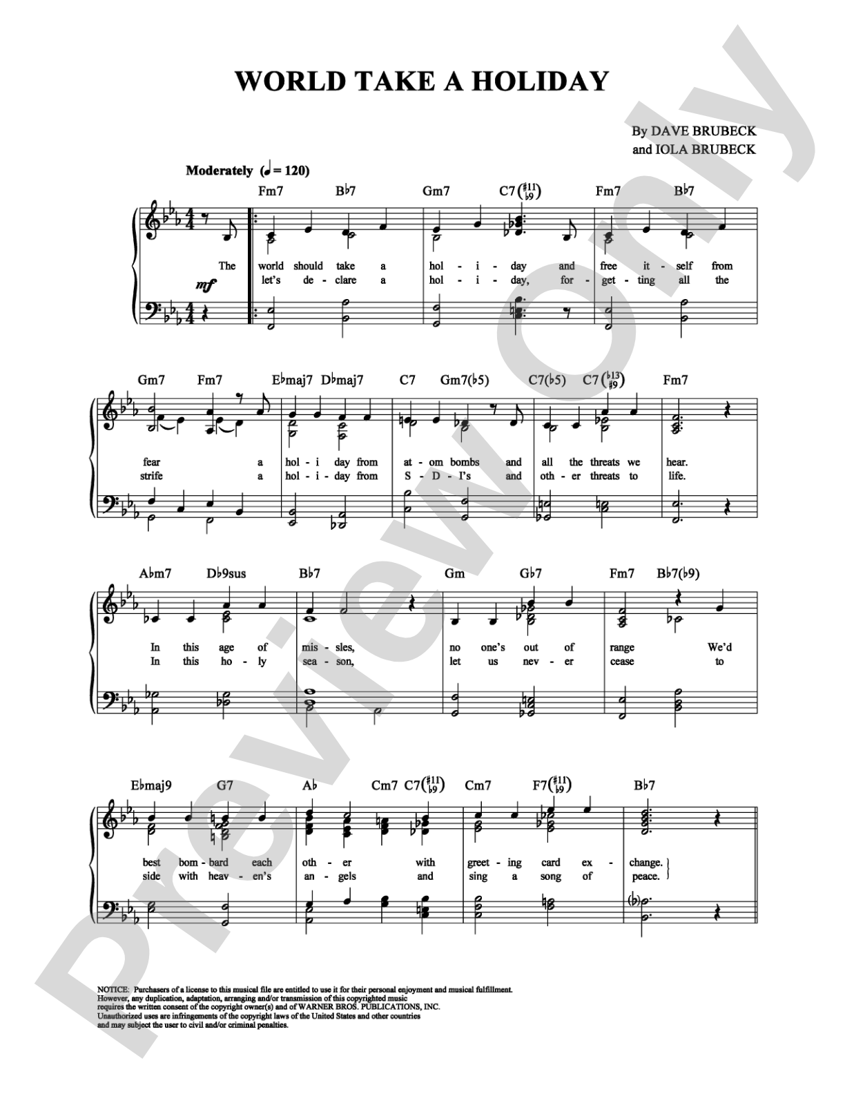 World Take a Holiday: Piano/Vocal/Chords Digital Sheet Music