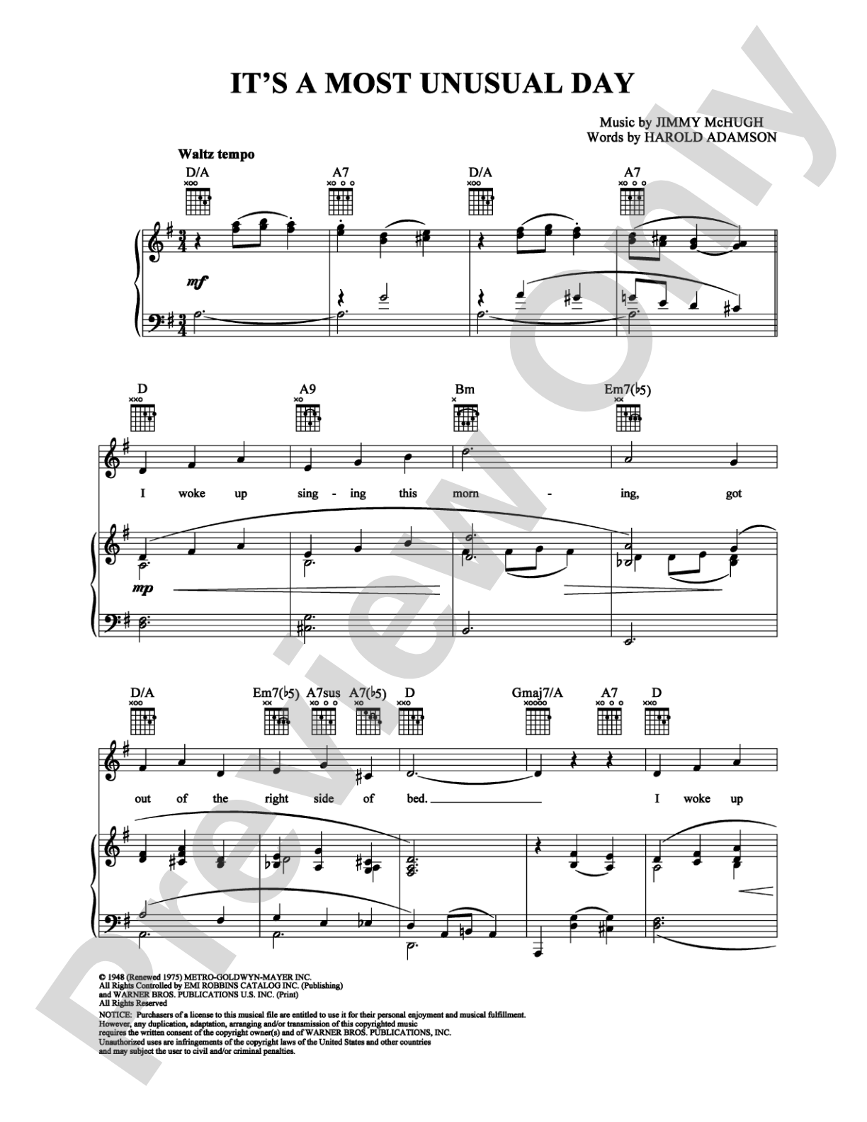 It's a Most Unusual Day: Piano/Vocal/Chords Digital Sheet Music