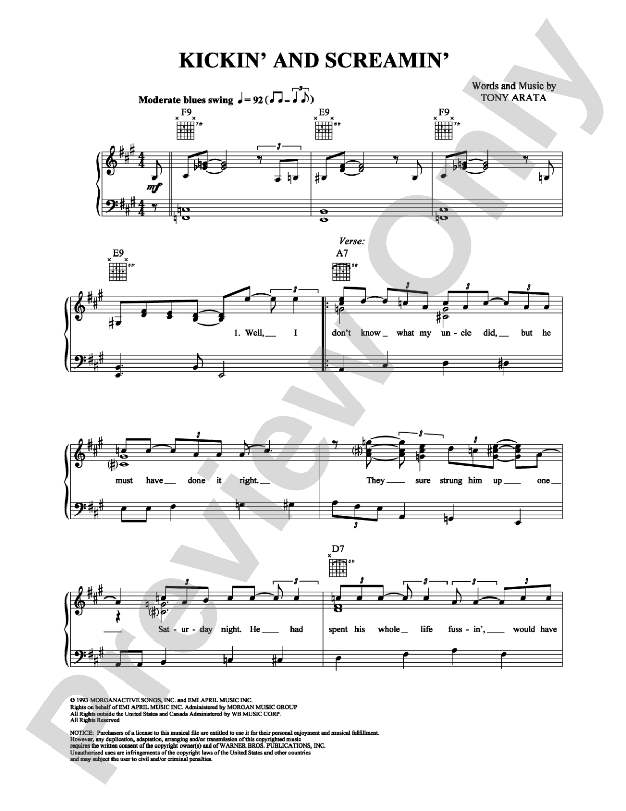Kickin' and Screamin': Piano/Vocal/Chords Digital Sheet Music
