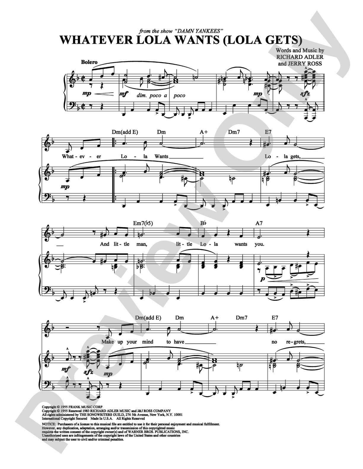 Whatever Lola Wants (Lola Gets): Piano/Vocal/Chords Digital Sheet Music