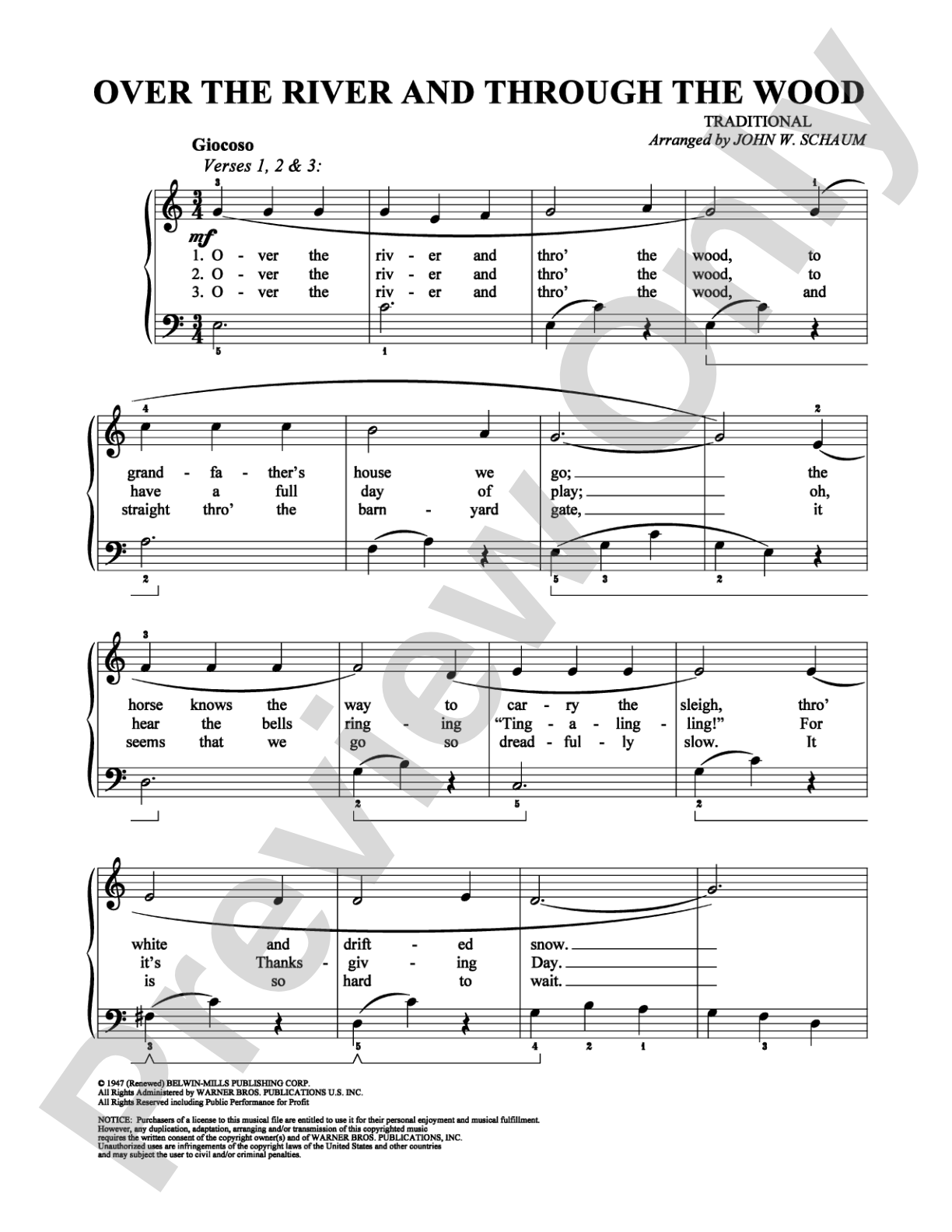 Over the River and Through the Wood: Easy Piano Digital Sheet Music