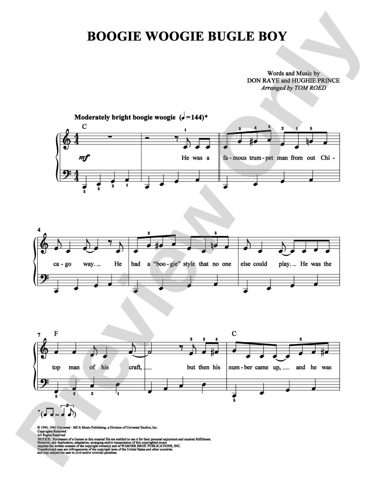 Boogie Woogie Bugle Boy: Easy Piano Digital Sheet Music