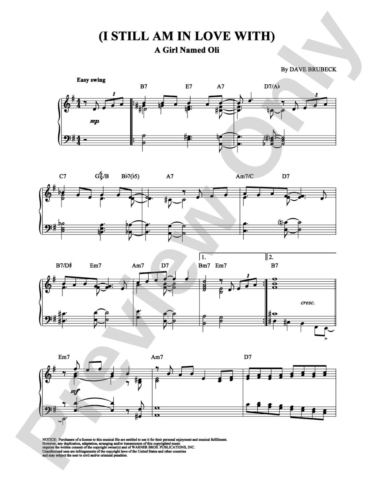 (I Still Am In Love With) A Girl Named Oli: Piano Digital Sheet Music