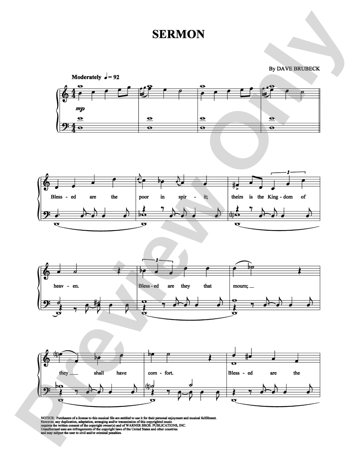 Sermon: Piano/Vocal/Chords Digital Sheet Music