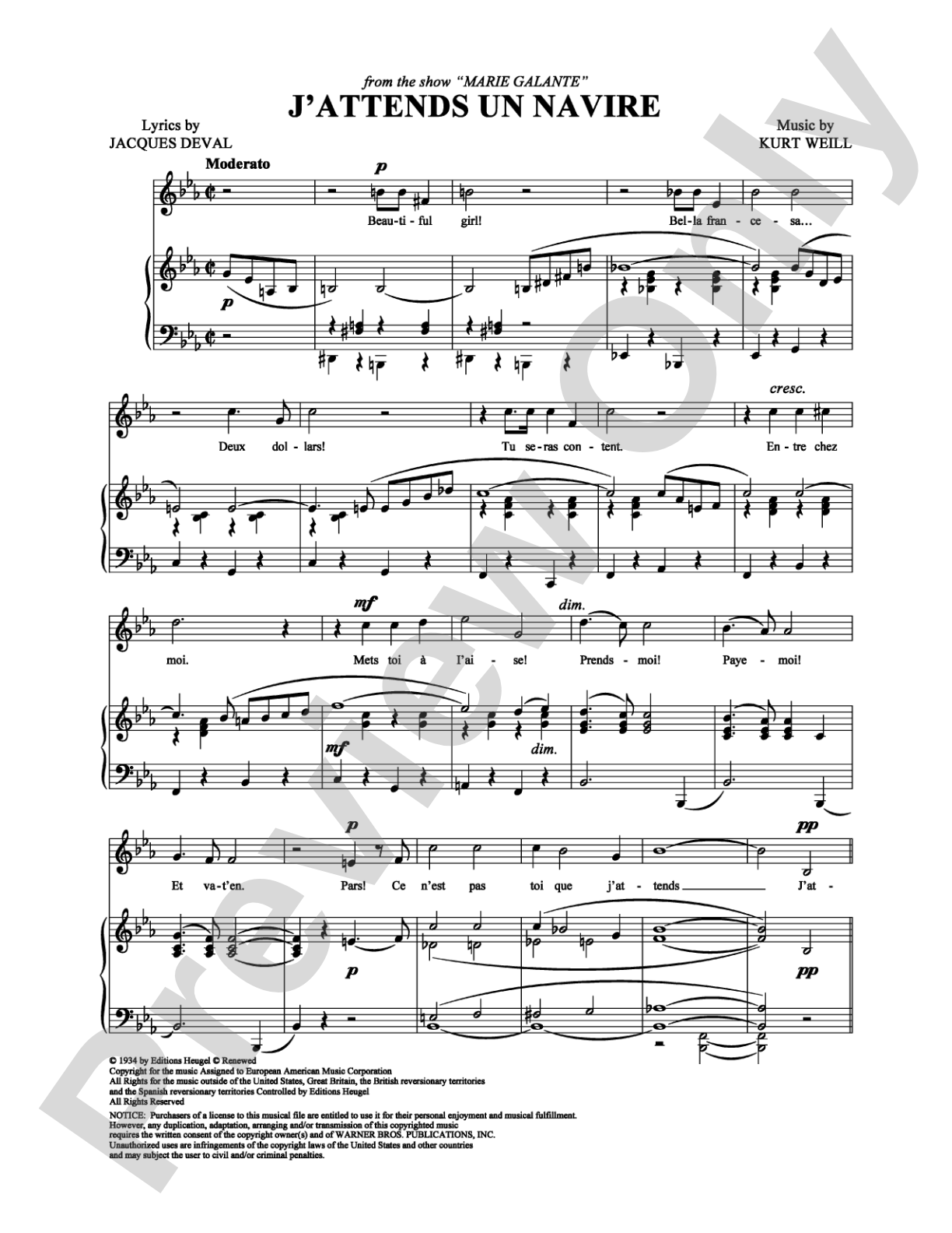 J'Attends un navire: Piano/Vocal/Chords Digital Sheet Music