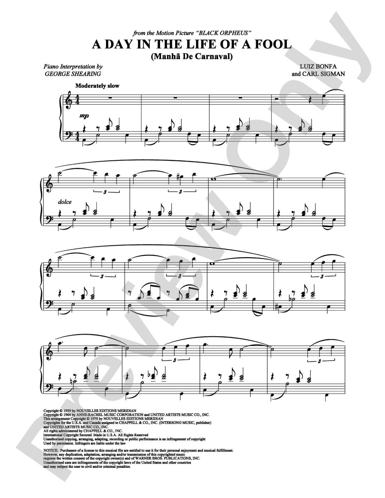 A Day in the Life of a Fool (Manha de Carnaval): Piano Digital Sheet Music