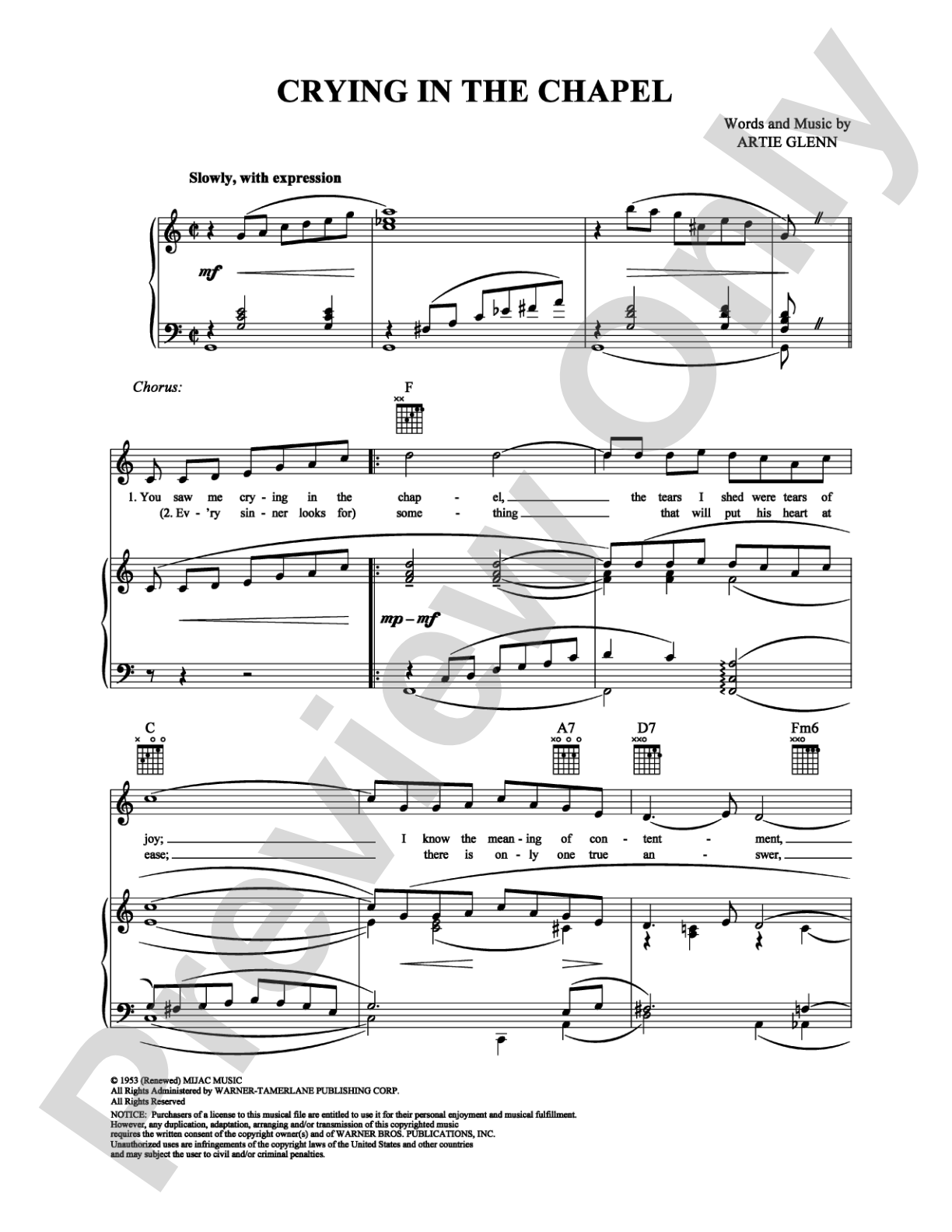 Crying in the Chapel: Piano/Vocal/Chords Digital Sheet Music