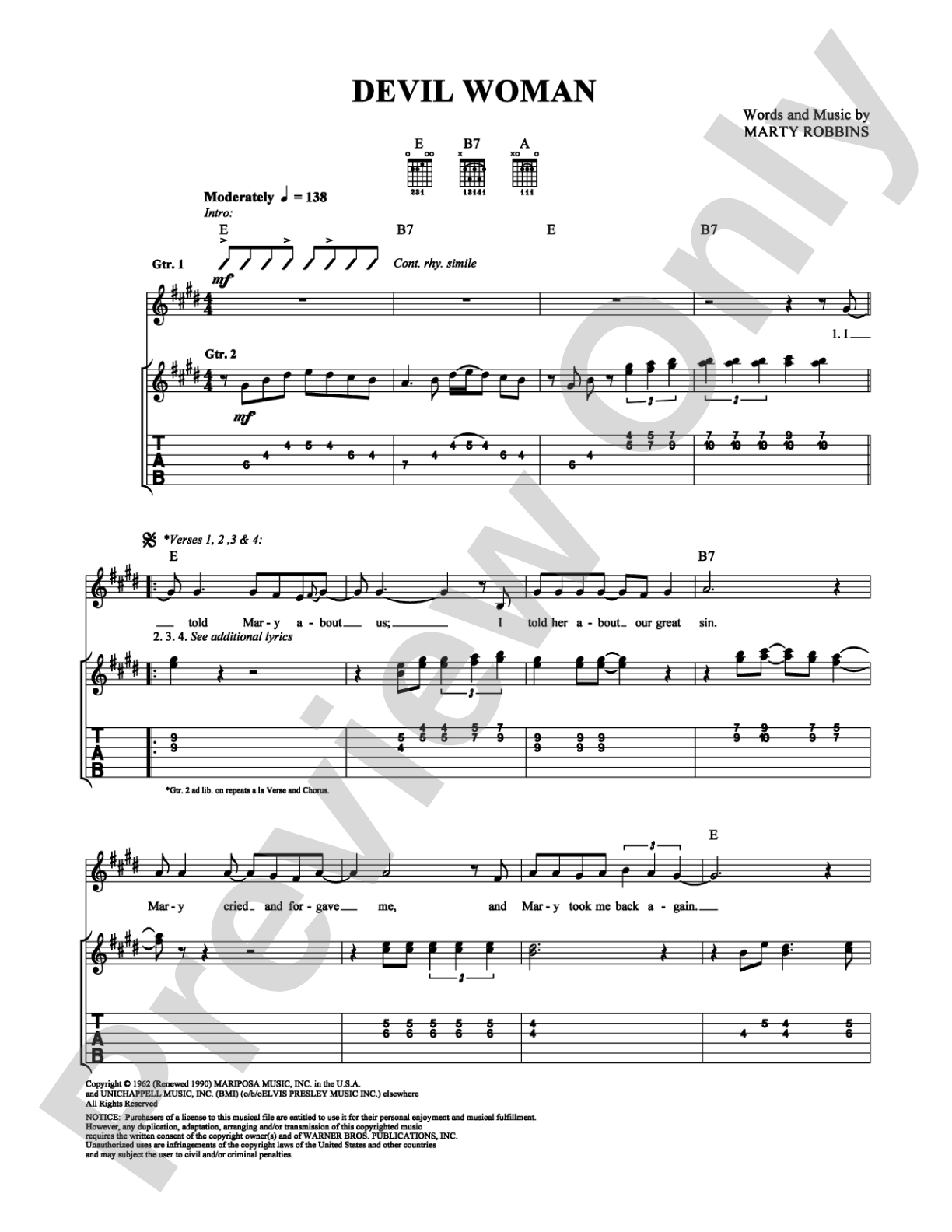 Devil Woman: Guitar TAB Digital Sheet Music