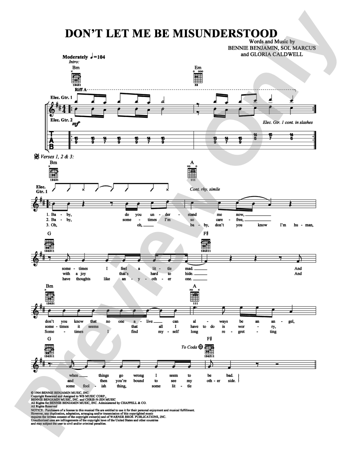 Don't Let Me Be Misunderstood: Guitar TAB Digital Sheet Music