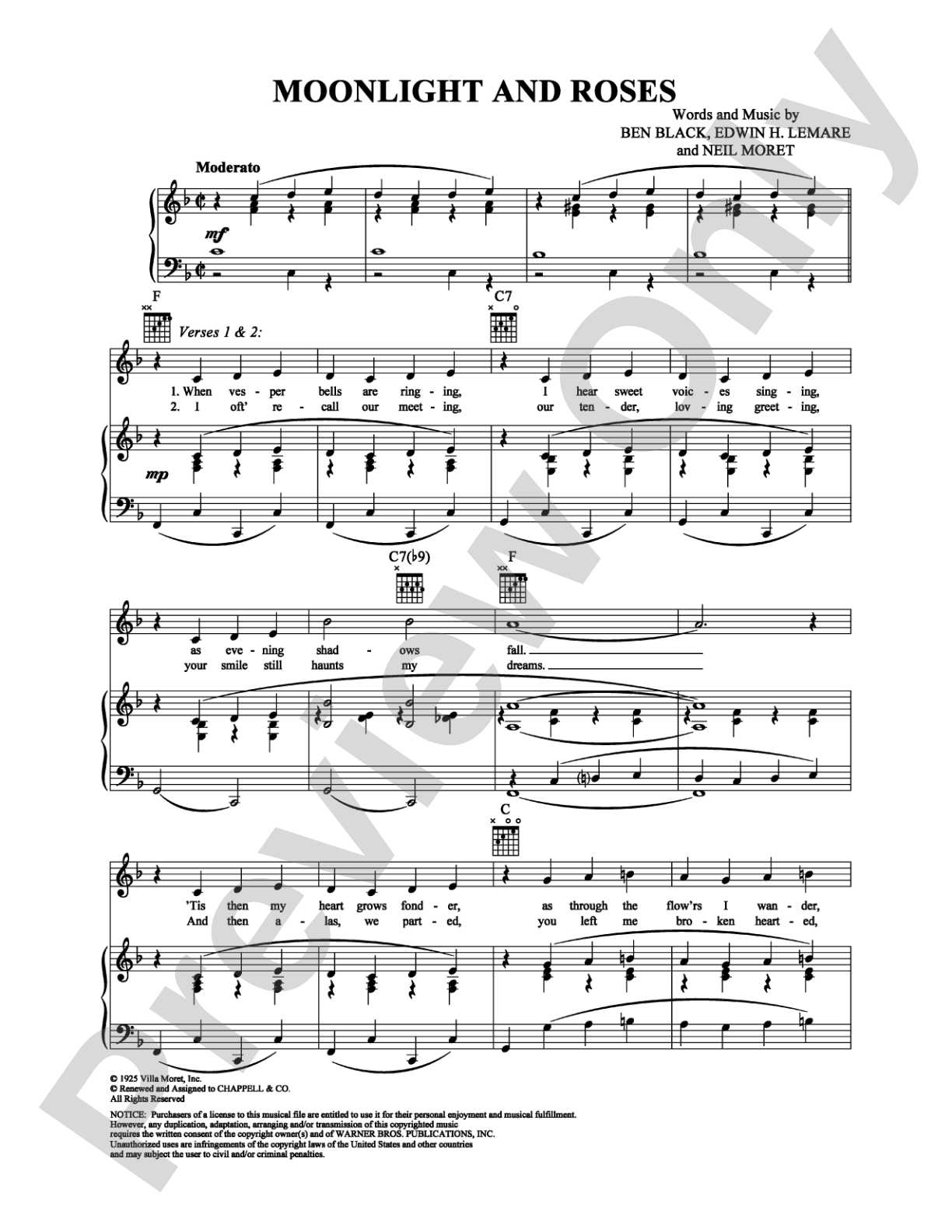 Moonlight and Roses: Piano/Vocal/Chords Digital Sheet Music