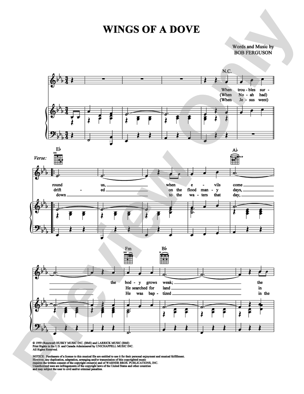 Wings of a Dove: Piano/Vocal/Chords Digital Sheet Music