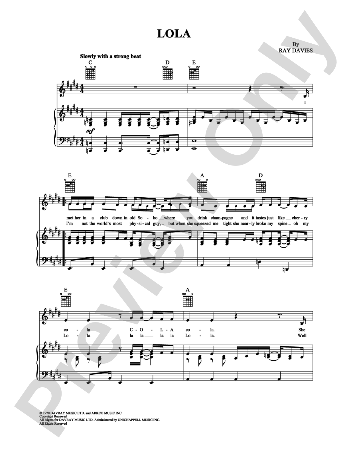 Lola: Piano/Vocal/Chords Digital Sheet Music