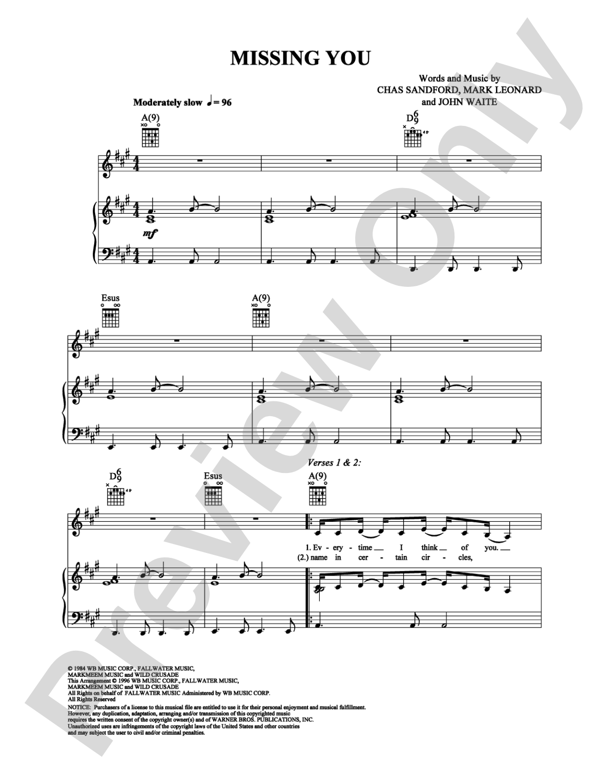 Missing You: Piano/Vocal/Chords Digital Sheet Music