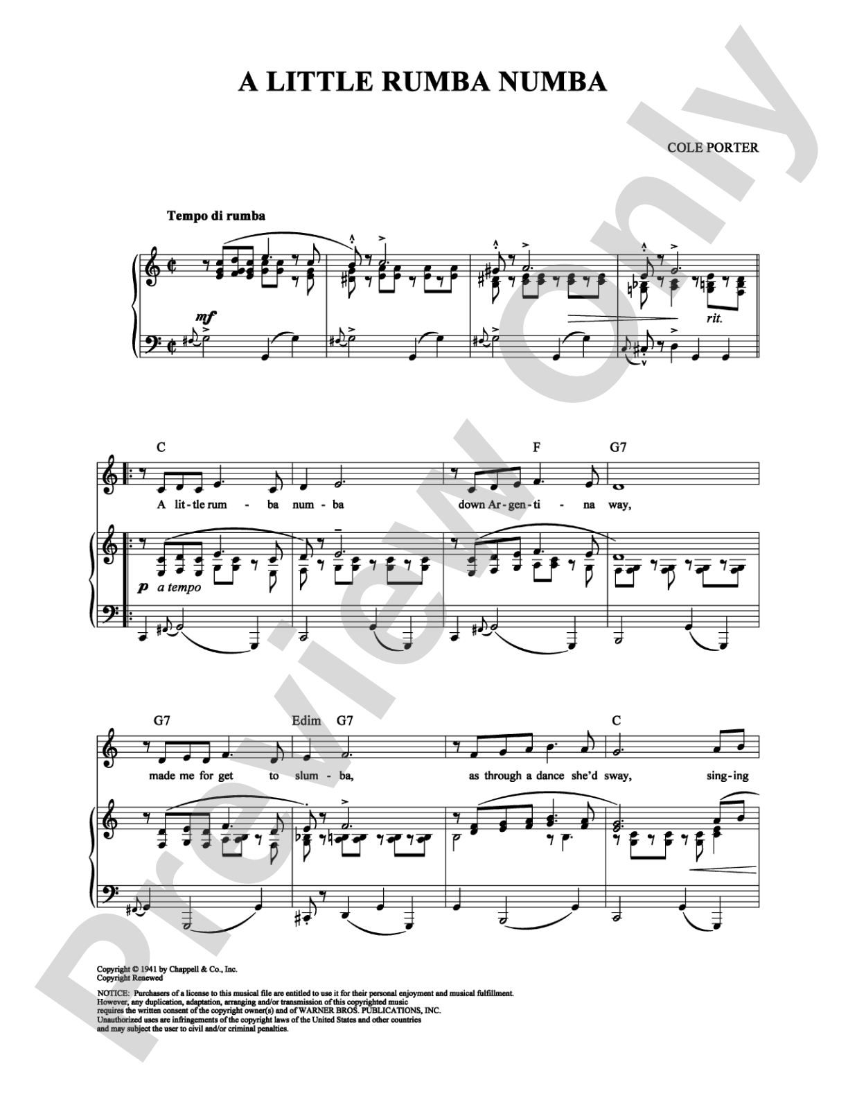 A Little Rumba Numba: Piano/Vocal/Chords Digital Sheet Music