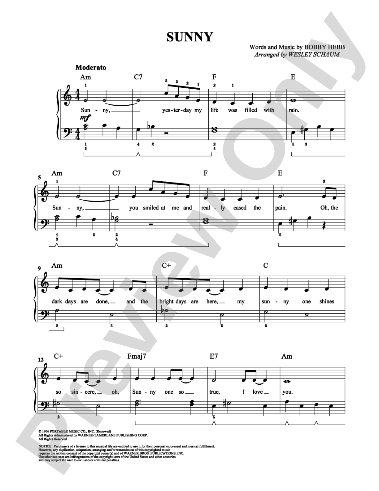 Sunny: Easy Piano Digital Sheet Music
