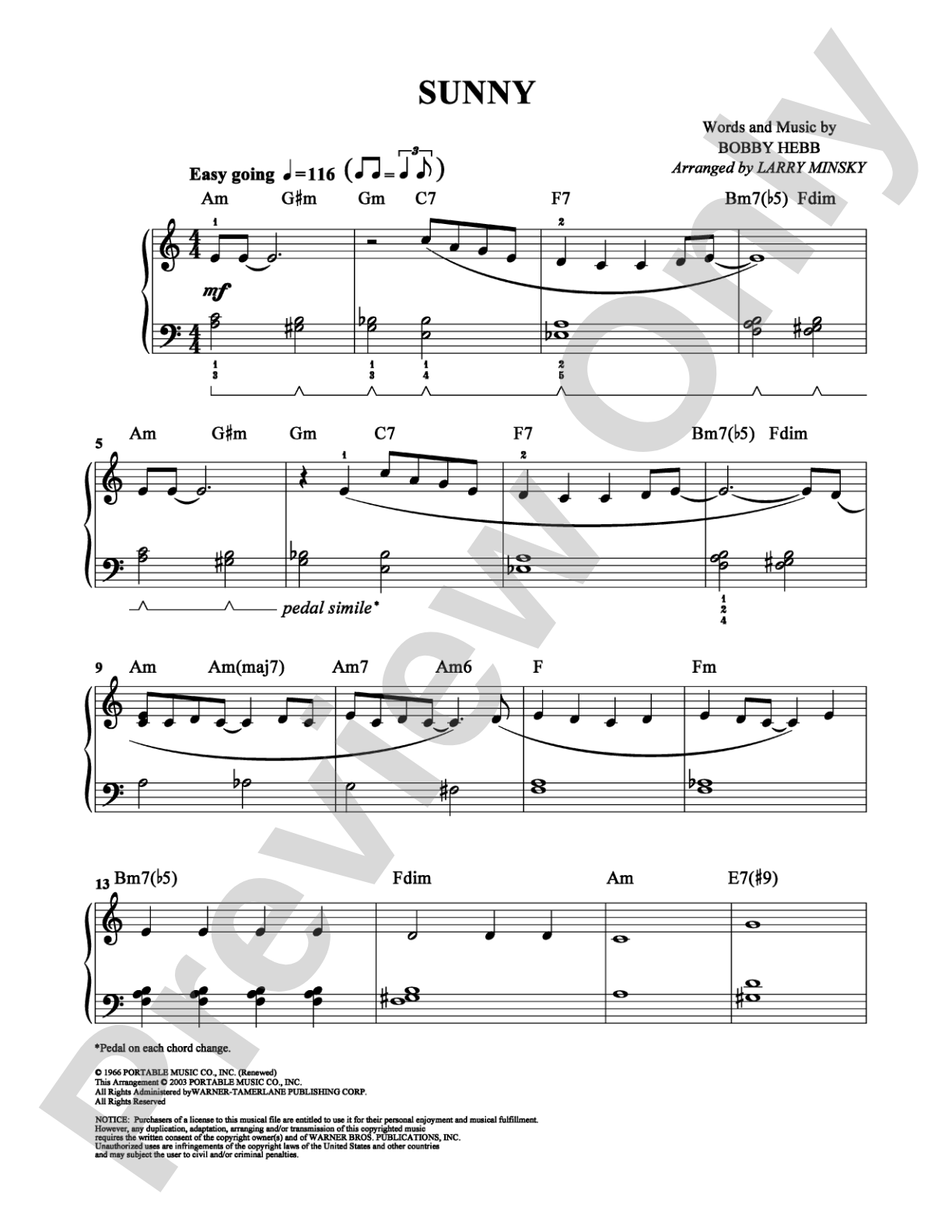 Sunny: Easy Piano Digital Sheet Music