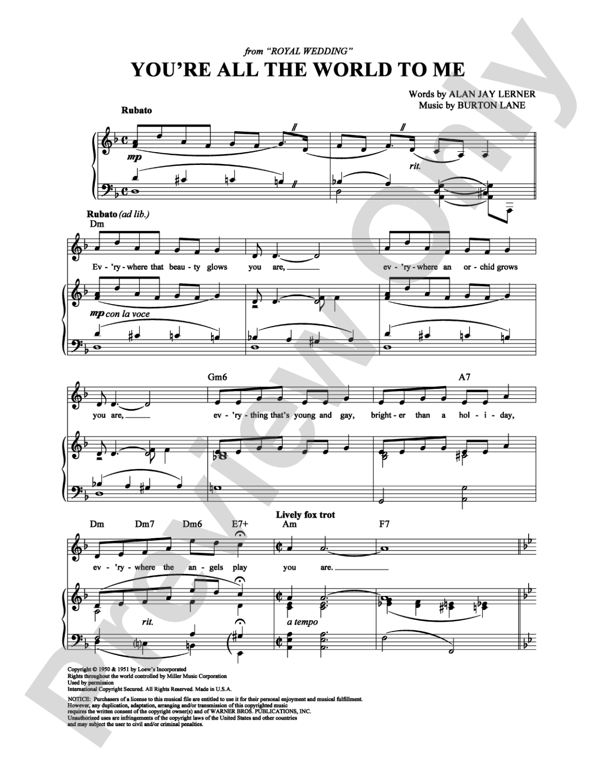 You're All the World To Me: Piano/Vocal/Chords Digital Sheet Music