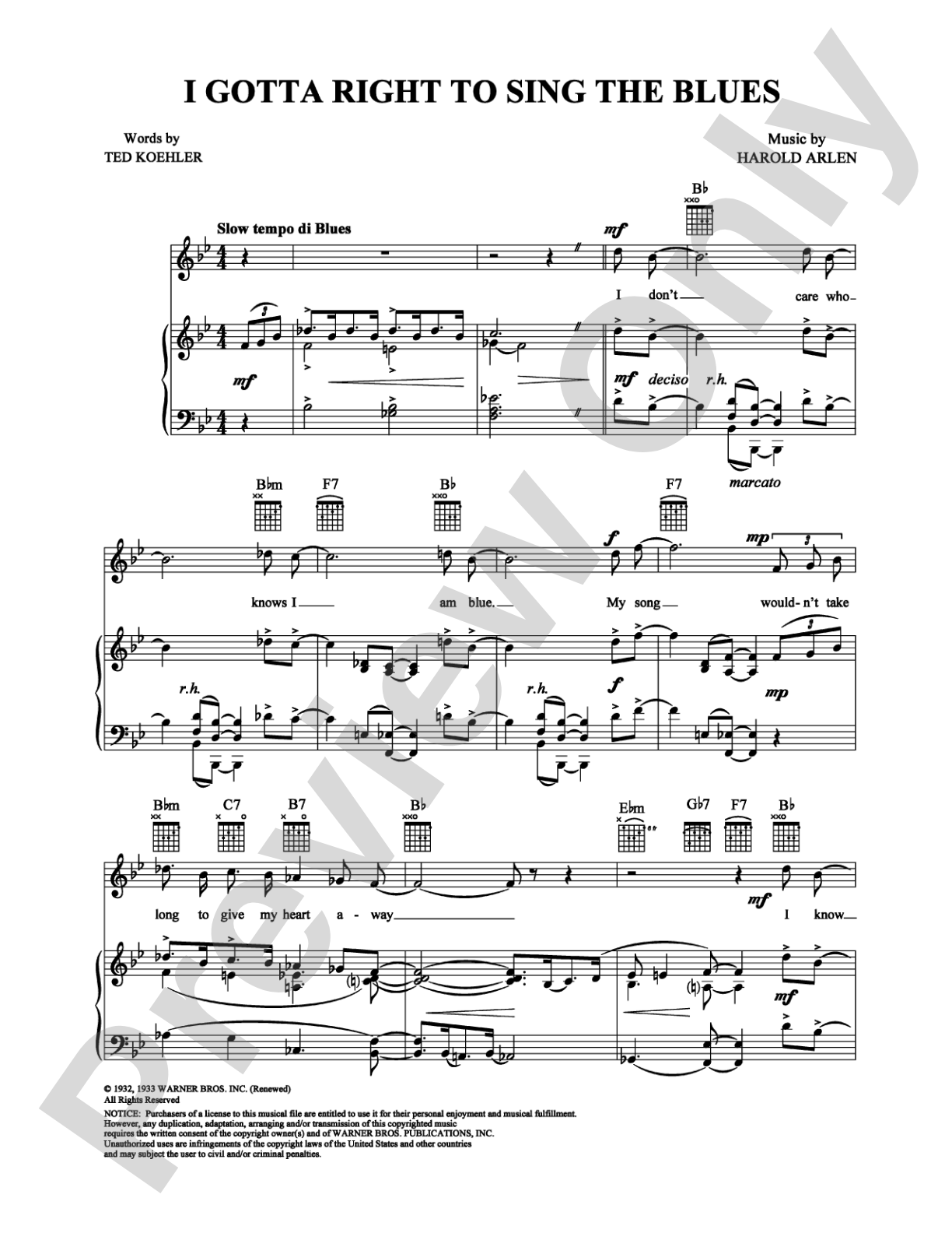 I Gotta Right To Sing The Blues: Piano/Vocal/Chords Digital Sheet Music