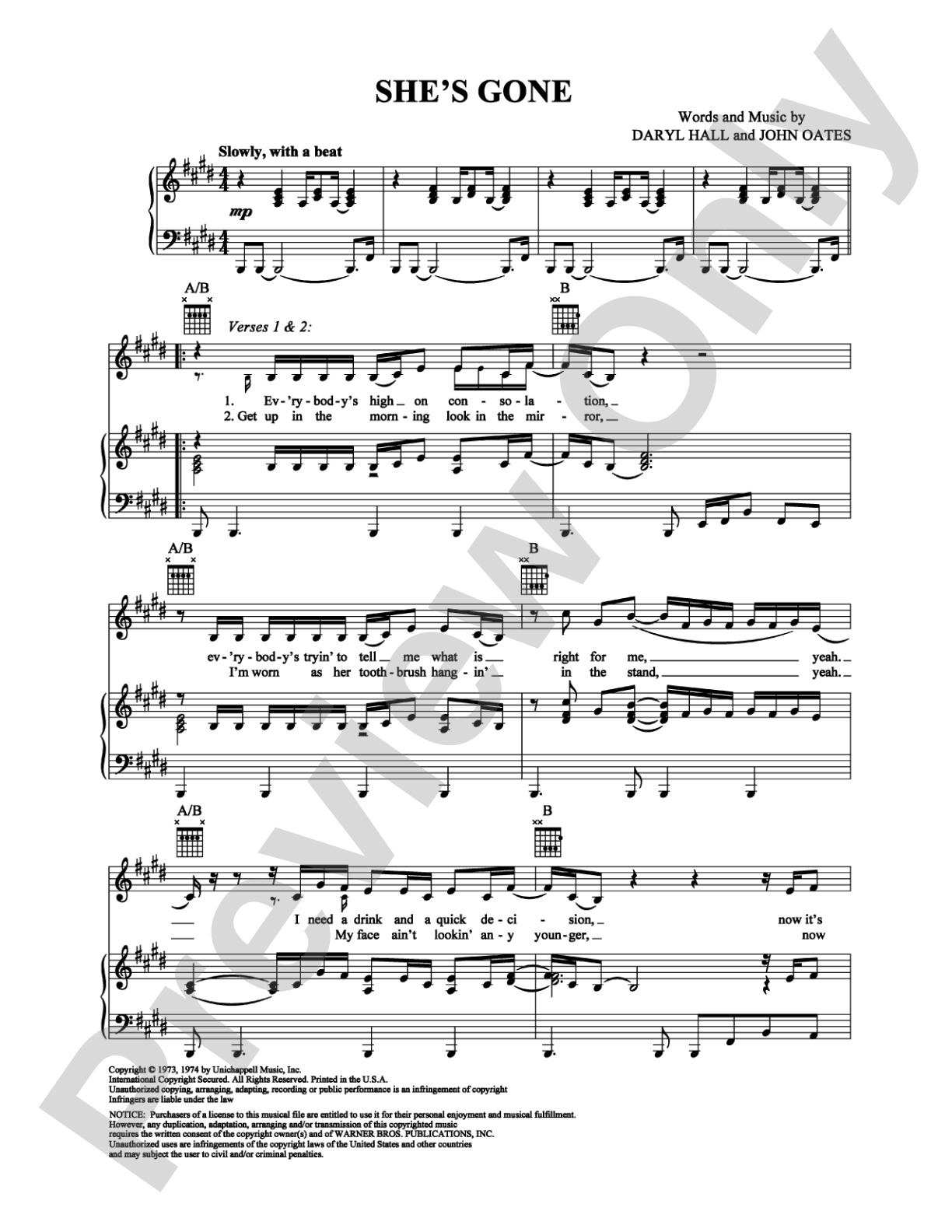 She's Gone: Piano/Vocal/Chords Digital Sheet Music