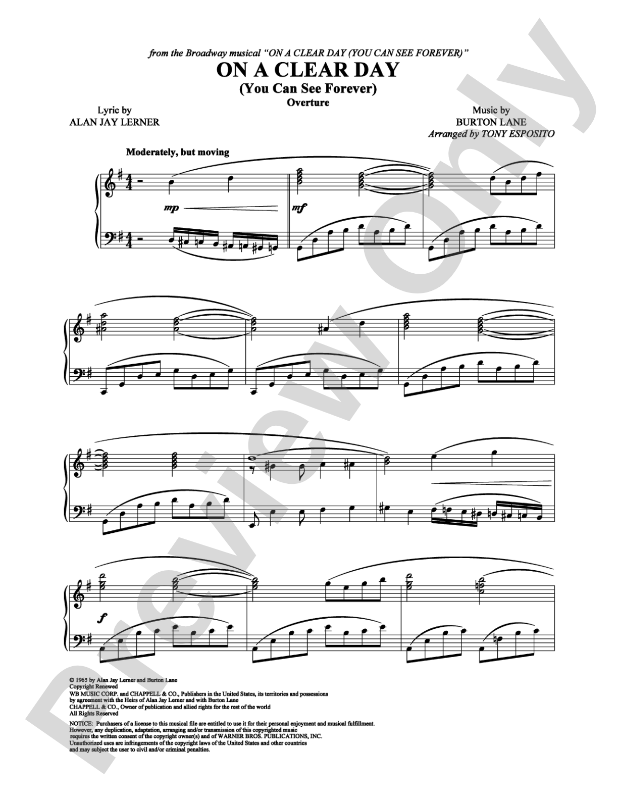 On A Clear Day (You Can See Forever) (Overture): Piano Digital Sheet Music