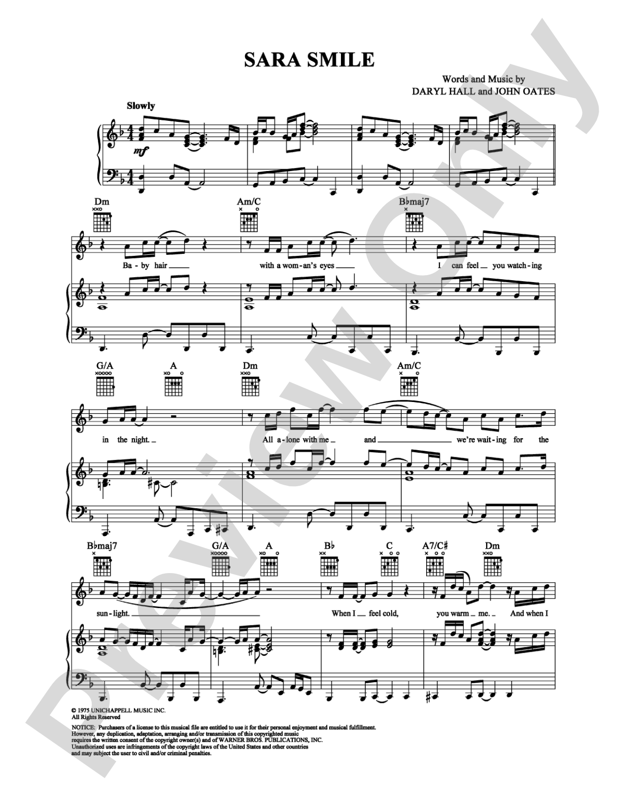 Sara Smile: Piano/Vocal/Chords Digital Sheet Music