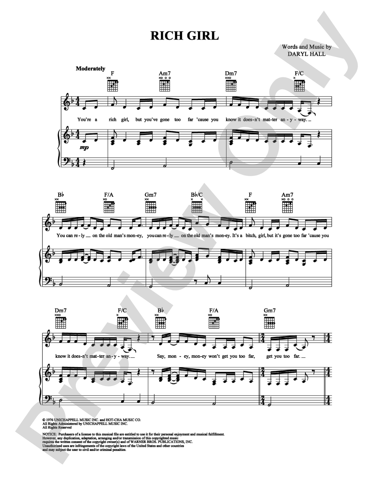 Rich Girl: Piano/Vocal/Chords Digital Sheet Music