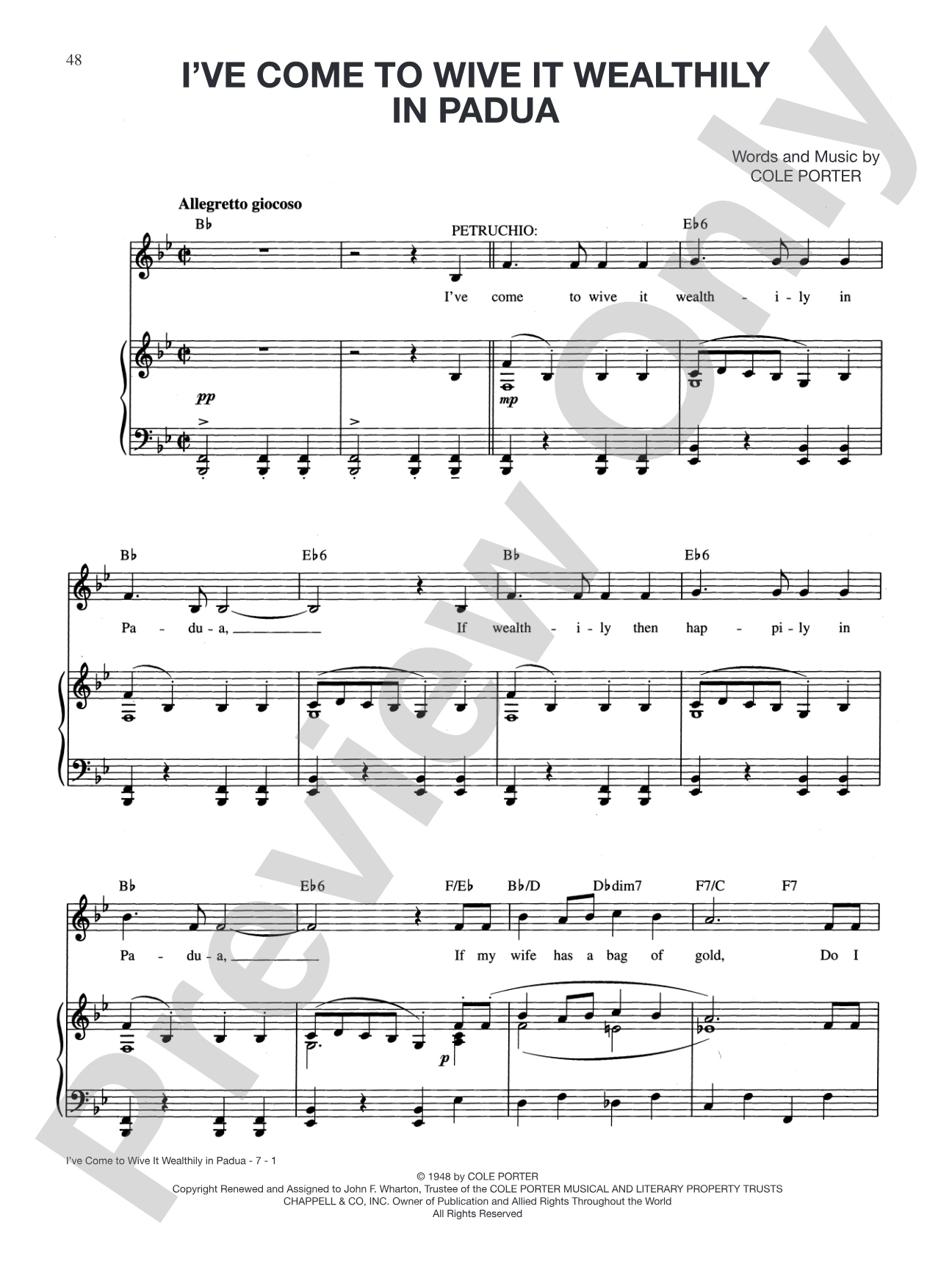 I've Come to Wive It Wealthily in Padua: Piano/Vocal/Chords