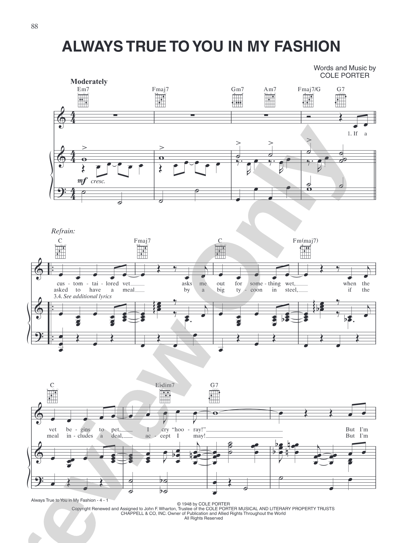 Always True to You in My Fashion: Piano/Vocal/Chords