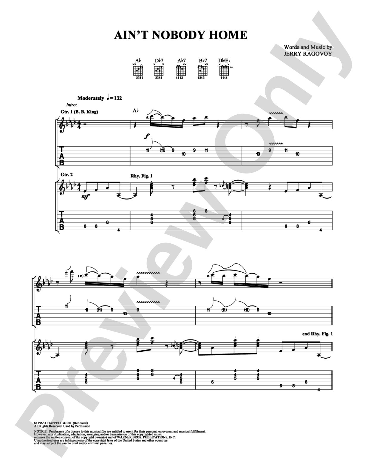 Ain't Nobody Home: Guitar TAB Digital Sheet Music