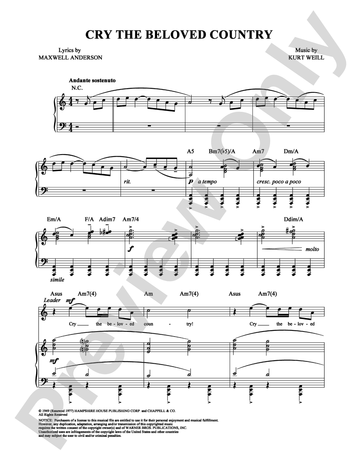 Cry the Beloved Country: Piano/Vocal/Chords Digital Sheet Music