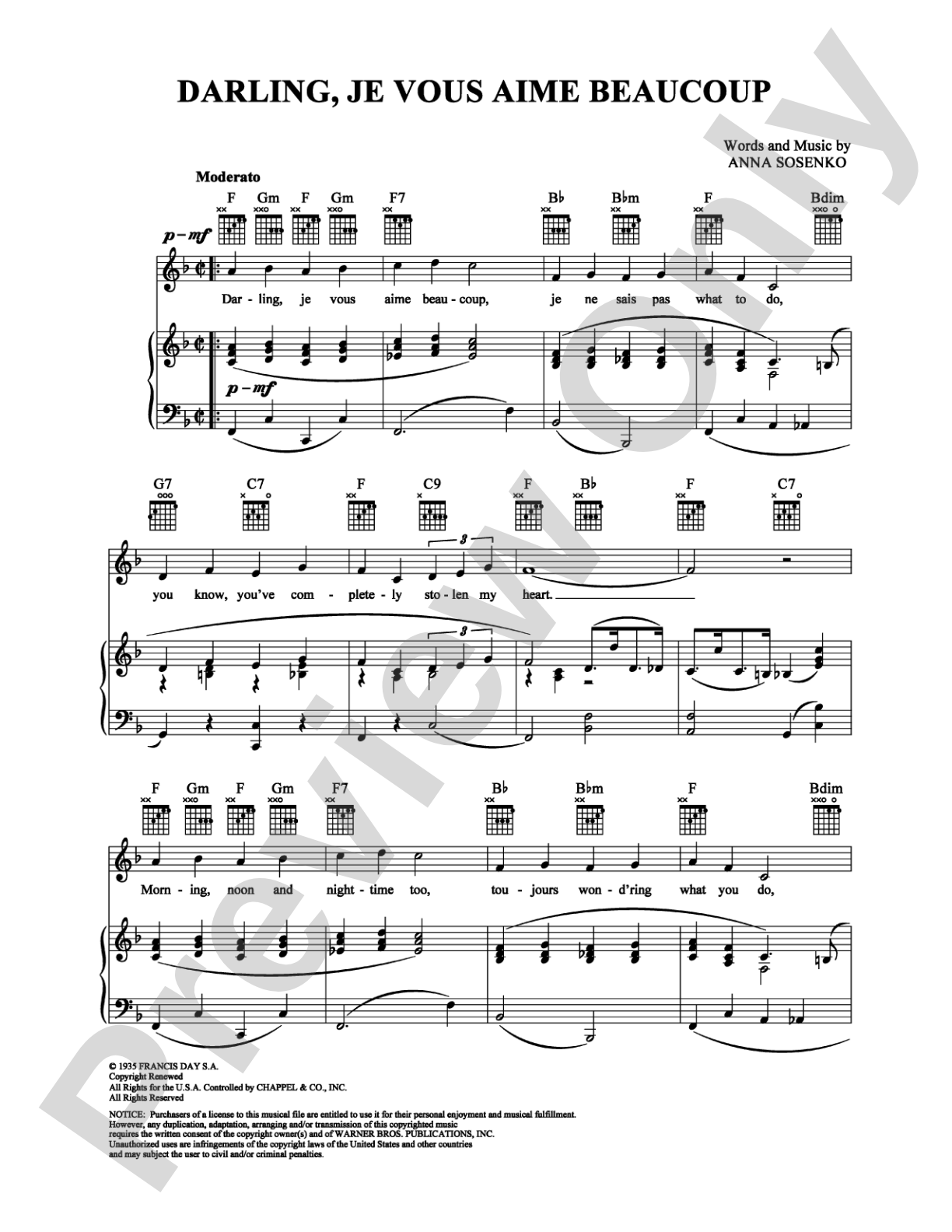 Darling, Je Vous Aime Beaucoup: Piano/Vocal/Chords Digital Sheet Music