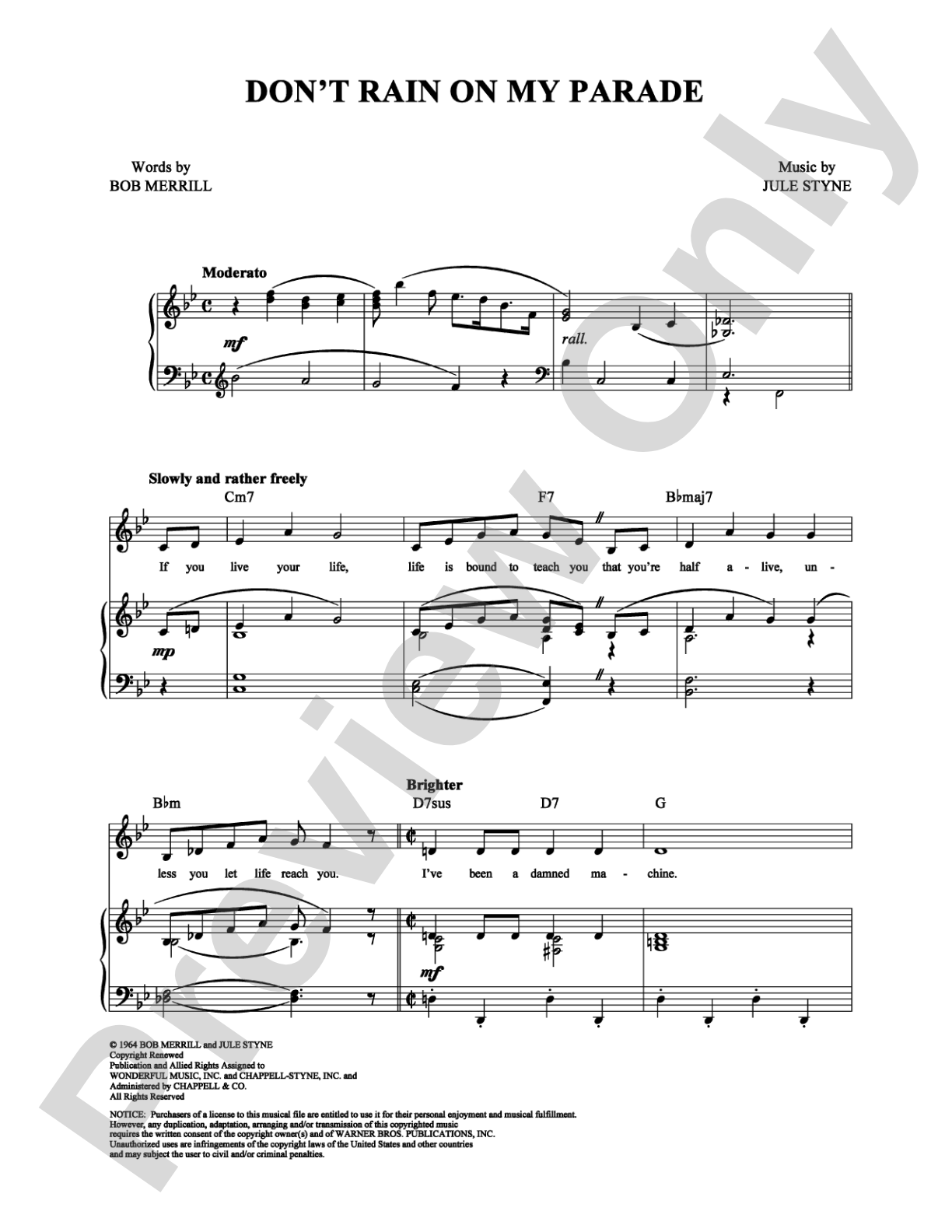 Don't Rain on My Parade: Piano/Vocal/Chords Digital Sheet Music