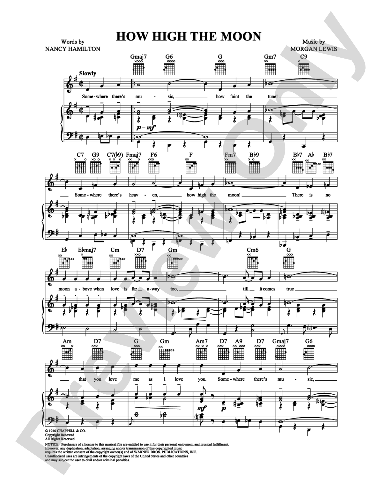 How High the Moon: Piano/Vocal/Chords Digital Sheet Music