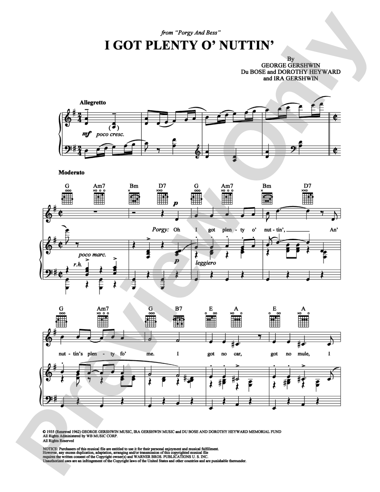I Got Plenty o' Nuttin': Piano/Vocal/Chords Digital Sheet Music