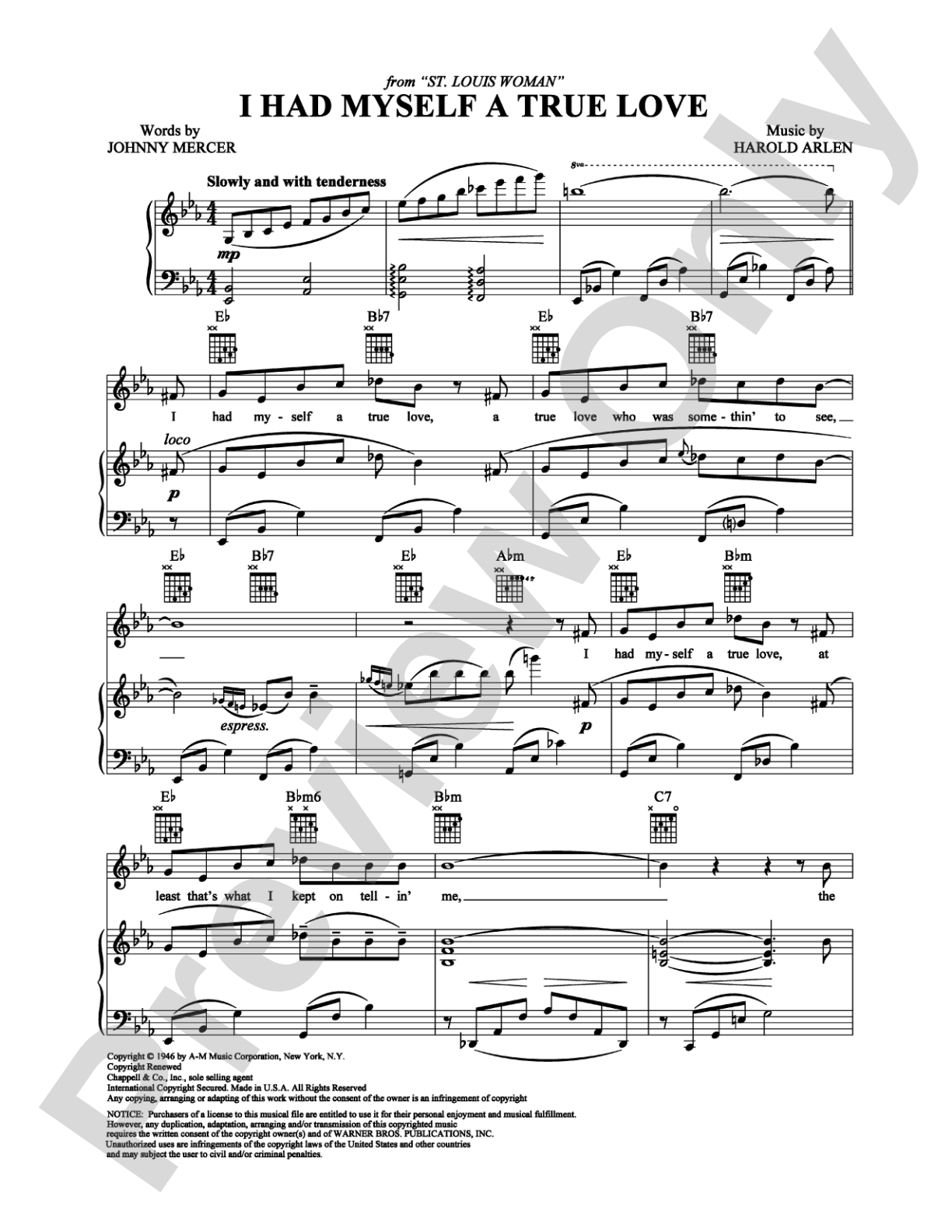 I Had Myself a True Love: Piano/Vocal/Chords Digital Sheet Music